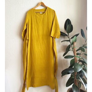 Len Ok Linen Maxi Dress Large Tie Wrap Lagenlook Minimalist Hippie Lagom Natural